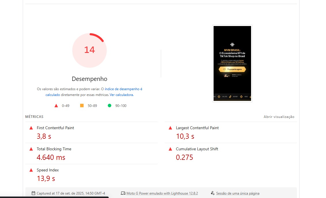 Screenshot da versão antiga - Performance 14